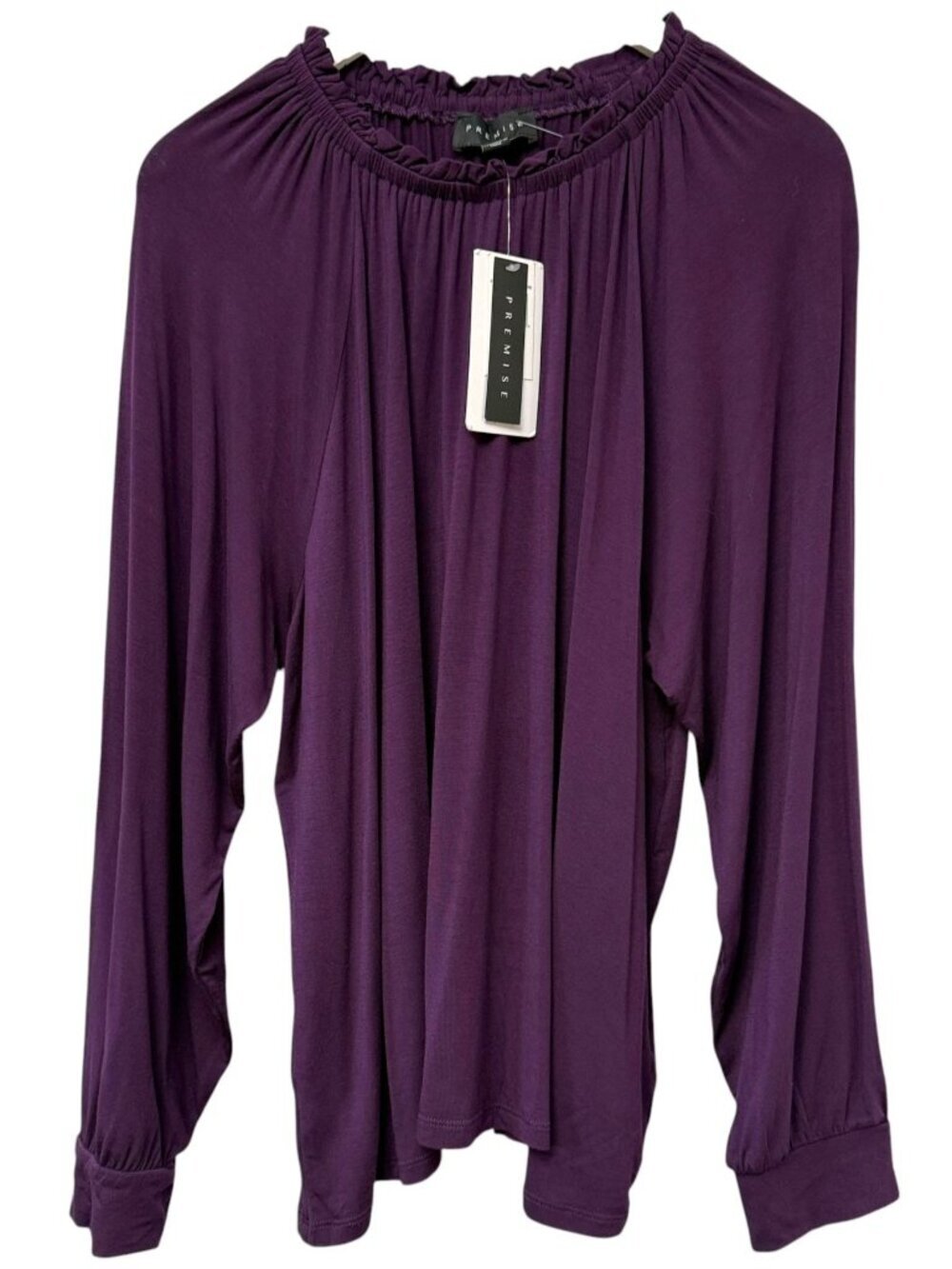 PREMISE Purple Peasant Top Size XXL Stretch Modal Blend Ruffle Neck NWT